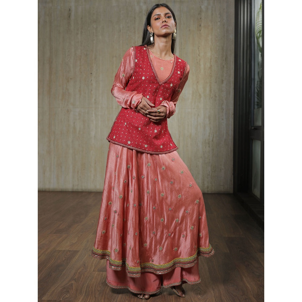 House of Kosh Blush Pink Embroidered Anarkali Kurta with Top and Palazzo (Set of 3)