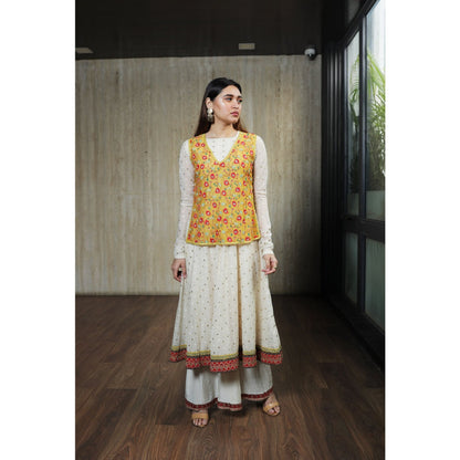 House of Kosh Ivory Embroidered Anarkali Kurta with Top and Palazzo (Set of 3)