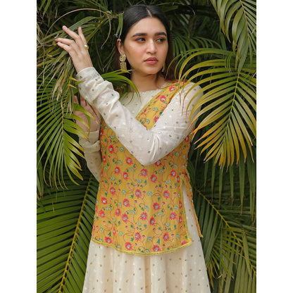 House of Kosh Ivory Embroidered Anarkali Kurta with Top and Palazzo (Set of 3)