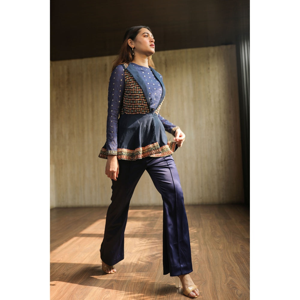 House of Kosh Navy Blue Embroidered Crop Top with Jacket and Pant (Set of 3)