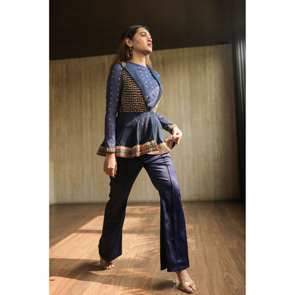 House of Kosh Navy Blue Embroidered Crop Top with Jacket and Pant (Set of 3)