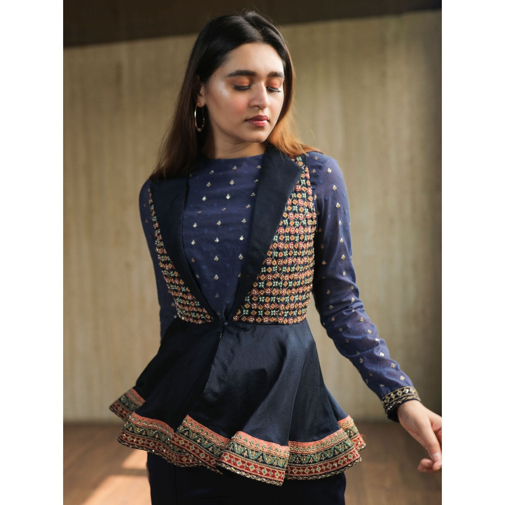 House of Kosh Navy Blue Embroidered Crop Top with Jacket and Pant (Set of 3)