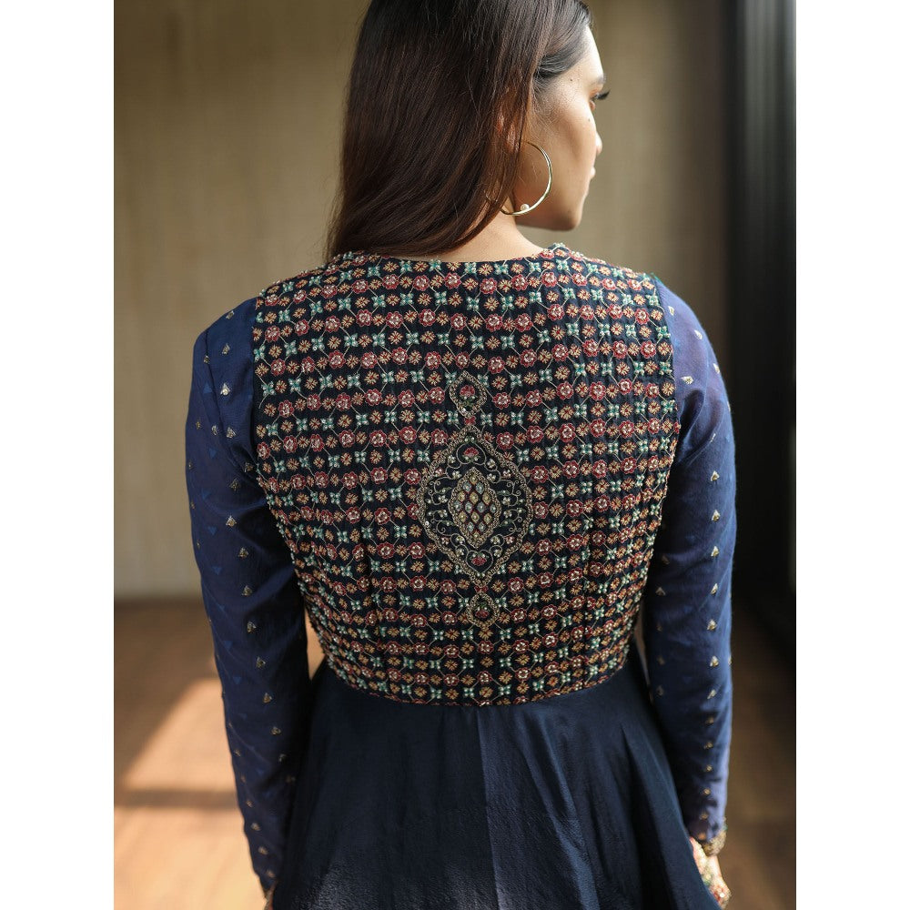 House of Kosh Navy Blue Embroidered Crop Top with Jacket and Pant (Set of 3)