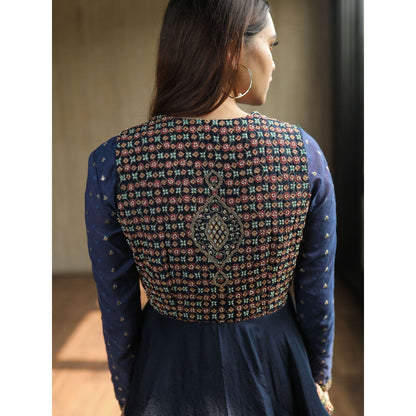 House of Kosh Navy Blue Embroidered Crop Top with Jacket and Pant (Set of 3)