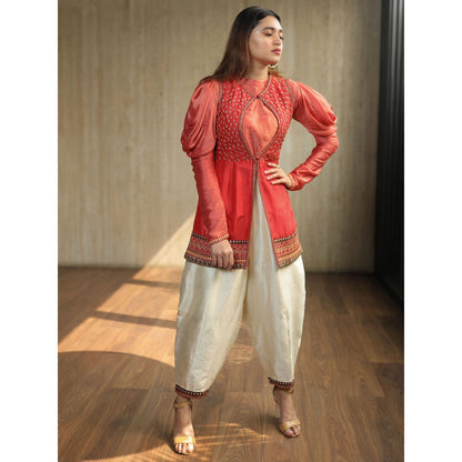 House of Kosh Hot Pink Jacket with Full Sleeves Top and Silk Pants (Set of 3)