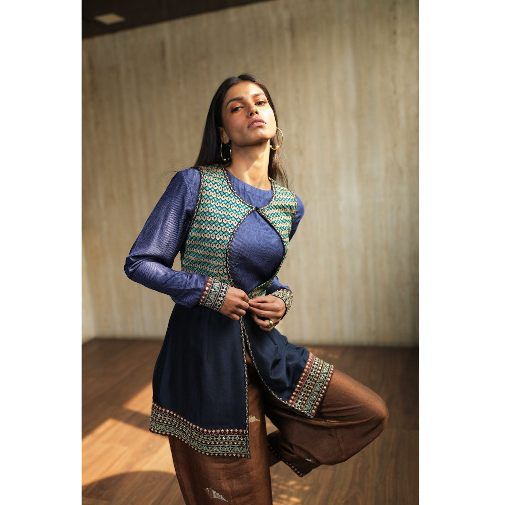 House of Kosh Navy Blue Jacket with Full Sleeves Top and Silk Pants (Set of 3)