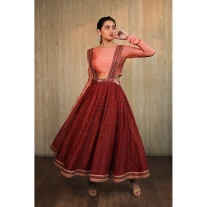 House of Kosh Maroon Embroidered Suspender Skirt with Churidar and Crop Top (Set of 3)