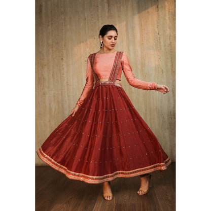 House of Kosh Maroon Embroidered Suspender Skirt with Churidar and Crop Top (Set of 3)