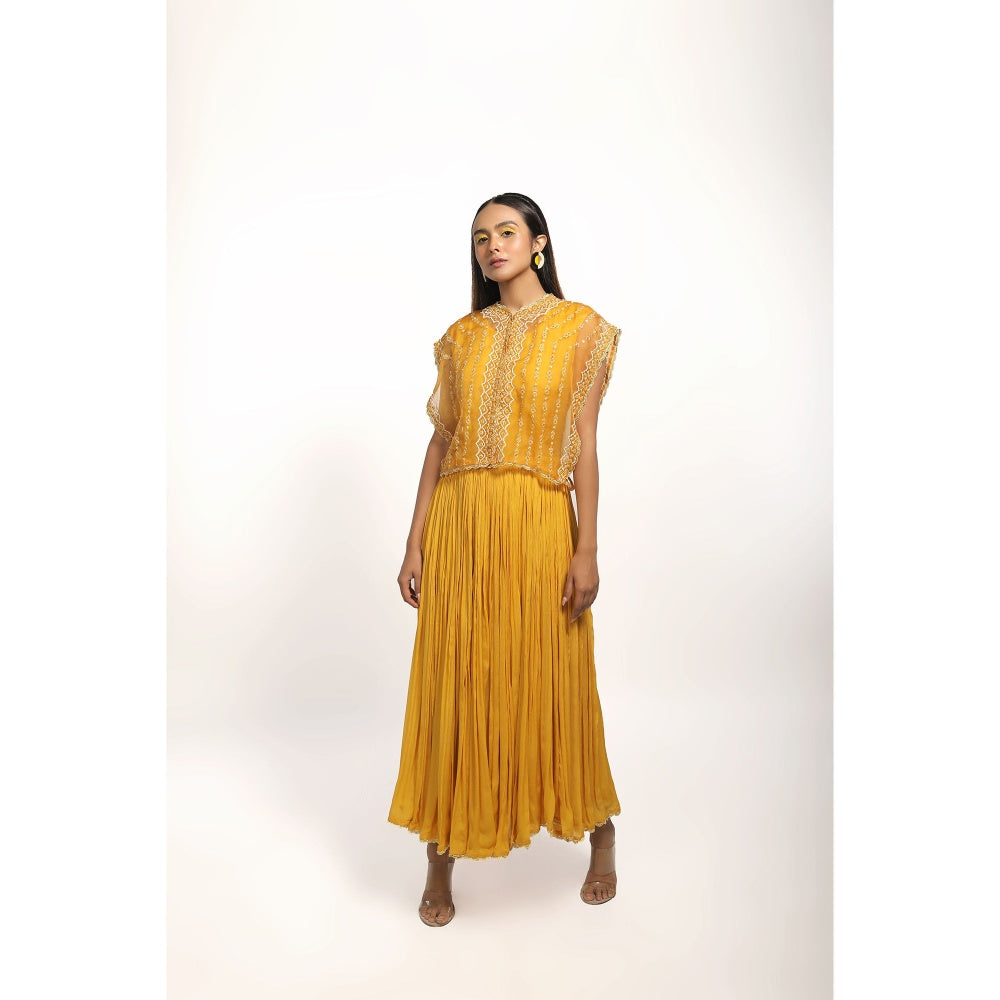 House of Kosh Yellow V-Neck Embroidered Anarkali Kurta with Organza Jacket (Set of 2)