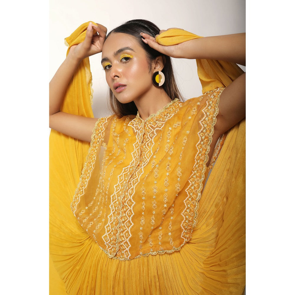 House of Kosh Yellow V-Neck Embroidered Anarkali Kurta with Organza Jacket (Set of 2)