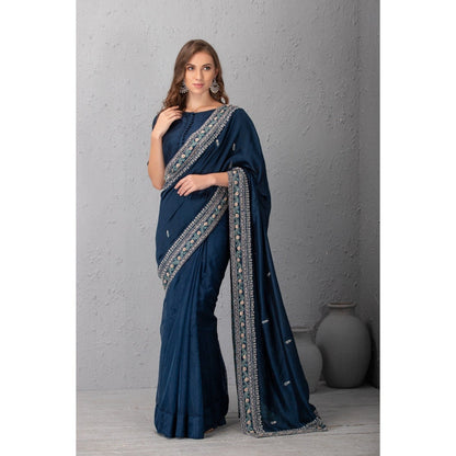 House of Tushaom Mid Might Blue Chanderi Silk Saree without Blouse