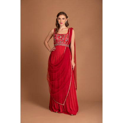 House of Tushaom Red Anarkali with Sperate Belt and Dupatta (Set of 3)