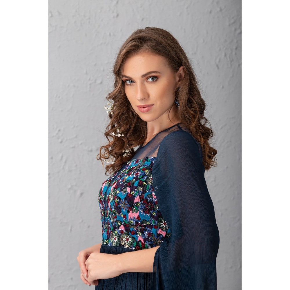 House of Tushaom Hand Embroidered Midnight Blue Gown