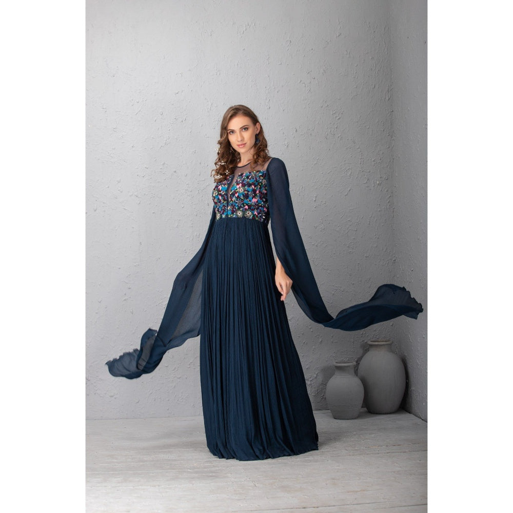 House of Tushaom Hand Embroidered Midnight Blue Gown