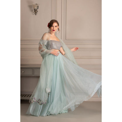 House of Tushaom Blue Lehenga with Mirror Work Blouse and Dupatta (Set of 3)