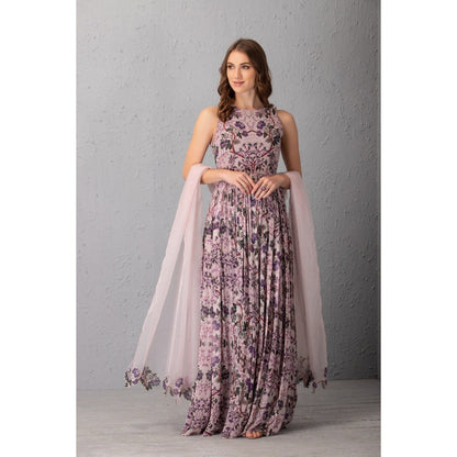 House of Tushaom Mauve Floral Anarkali with Dupatta (Set of 2)