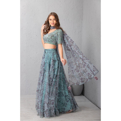 House of Tushaom Mineral Blue Floral Lehenga with Blouse (Set of 3)