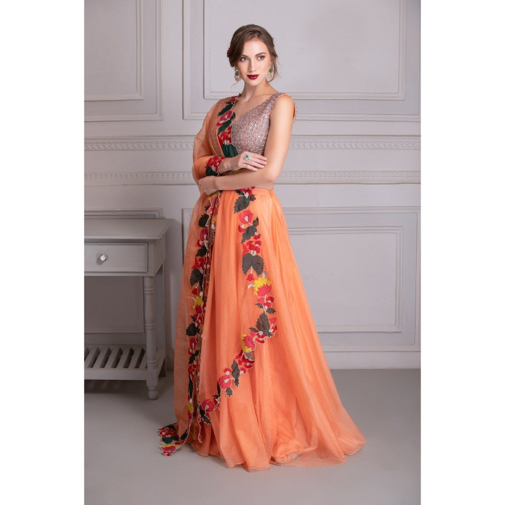 House of Tushaom Orange Lehenga with Mirror Work Blouse and Dupatta (Set of 3)