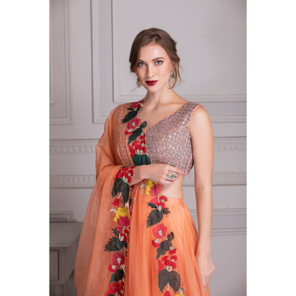 House of Tushaom Orange Lehenga with Mirror Work Blouse and Dupatta (Set of 3)
