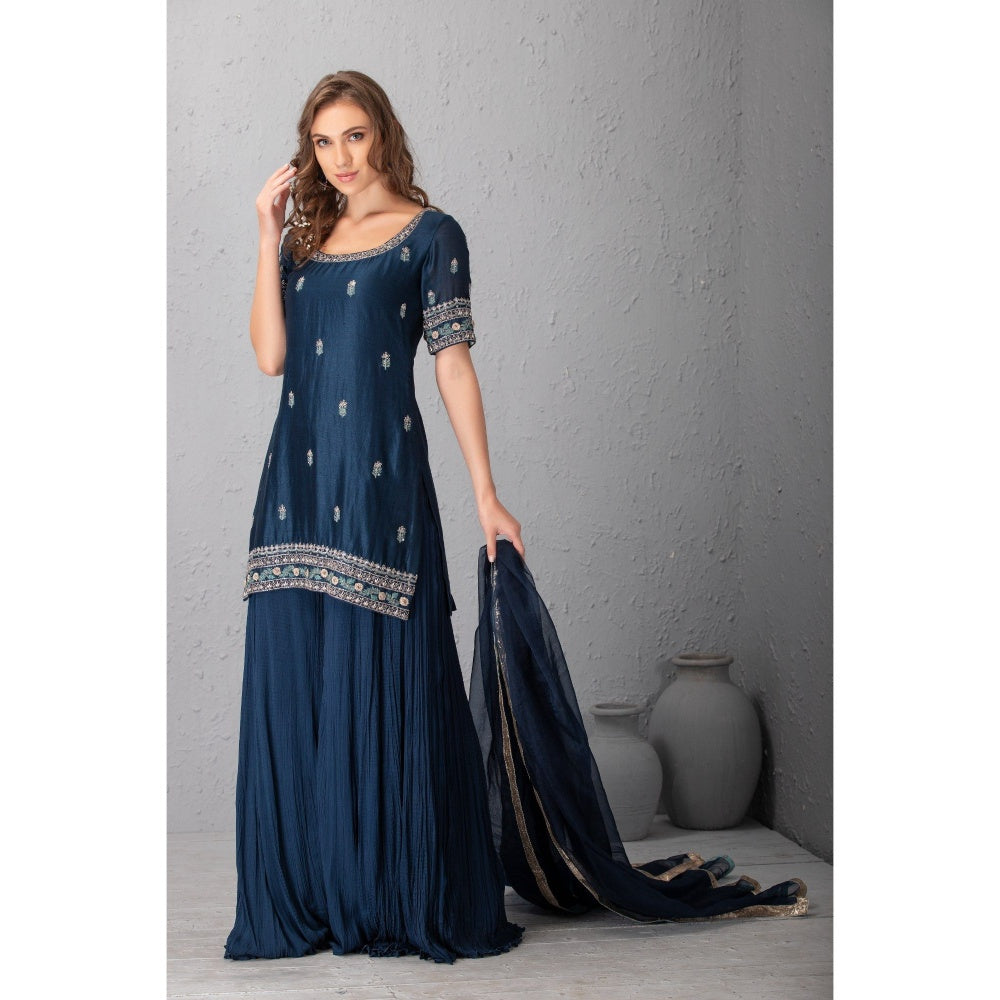 House of Tushaom Blue Sharara with Kurta and Dupatta (Set of 3)