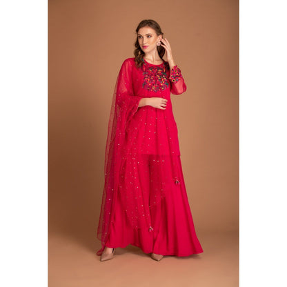 House of Tushaom Pink Embroidery Kurta with Sharara and Mukaish Work On Dupatta (Set of 3)