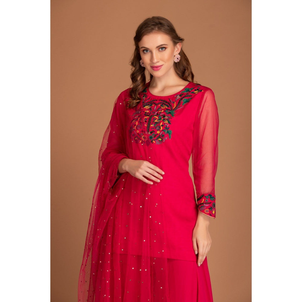 House of Tushaom Pink Embroidery Kurta with Sharara and Mukaish Work On Dupatta (Set of 3)