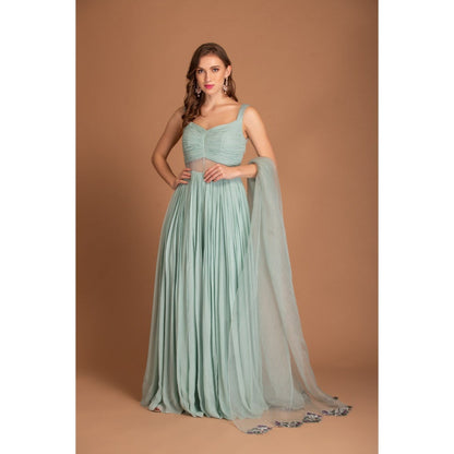 House of Tushaom Blue Ruching Detail Anarkali with Dupatta (Set of 2)
