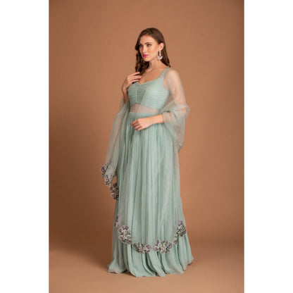 House of Tushaom Blue Ruching Detail Anarkali with Dupatta (Set of 2)
