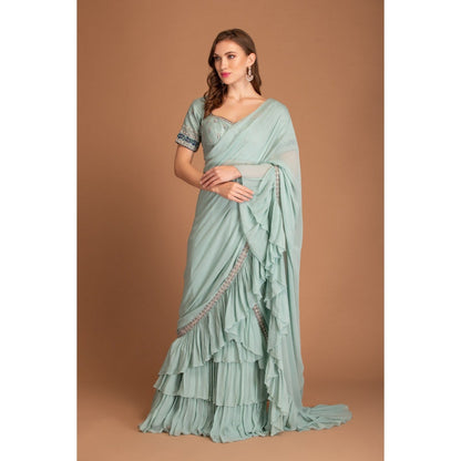 House of Tushaom Blue Ruffle Pre Draped Saree with Stitched Blouse
