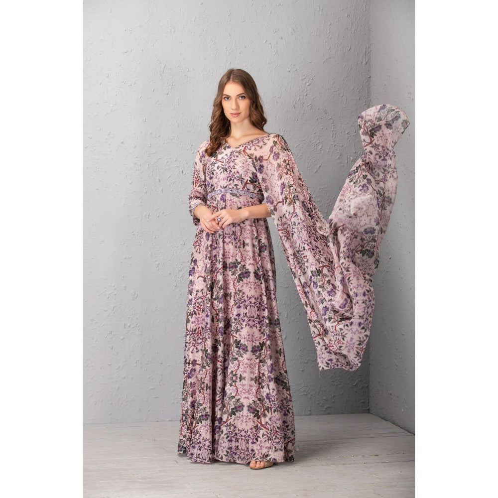 House of Tushaom Mauve Floral Printed Gown with Attached Dupatta