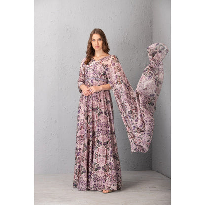 House of Tushaom Mauve Floral Printed Gown with Attached Dupatta