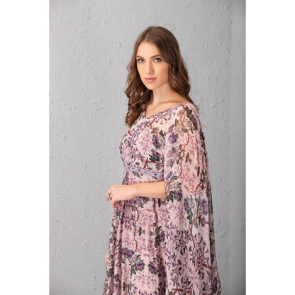 House of Tushaom Mauve Floral Printed Gown with Attached Dupatta
