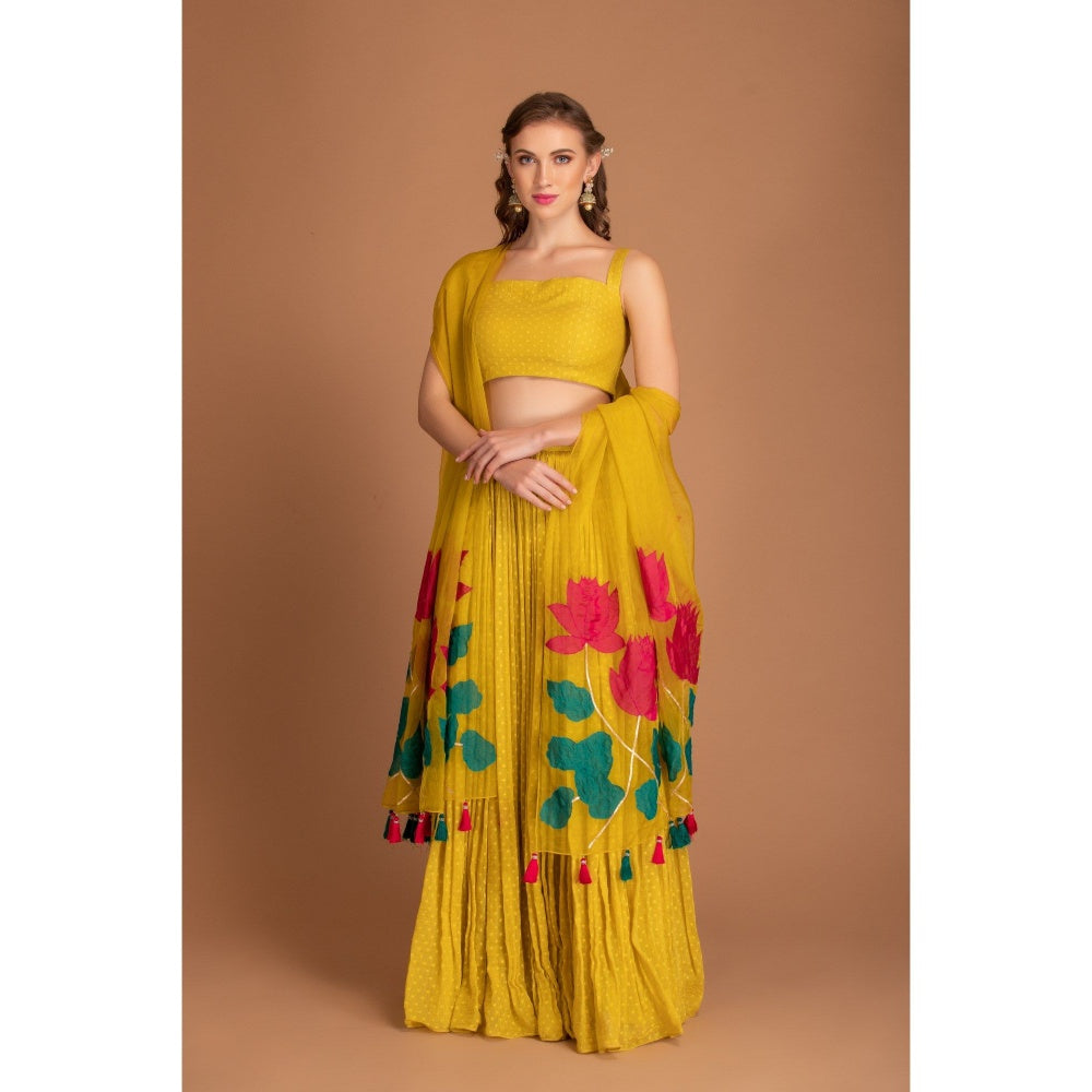 House of Tushaom Yellow Lehenga with Blouse and Dupatta (Set of 3)