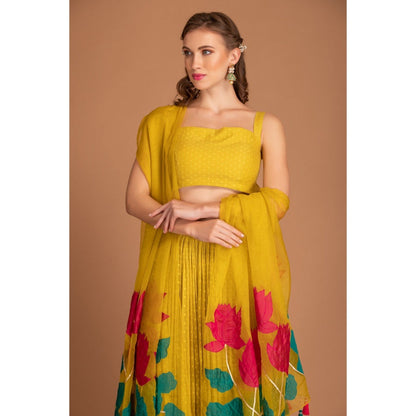 House of Tushaom Yellow Lehenga with Blouse and Dupatta (Set of 3)