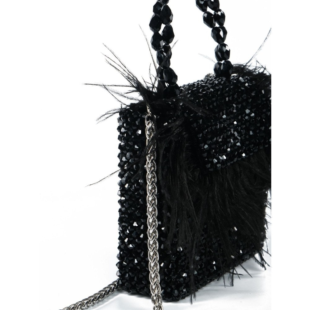 House Of Kosha Natali Black Embellished with Feathers Mini Handbag