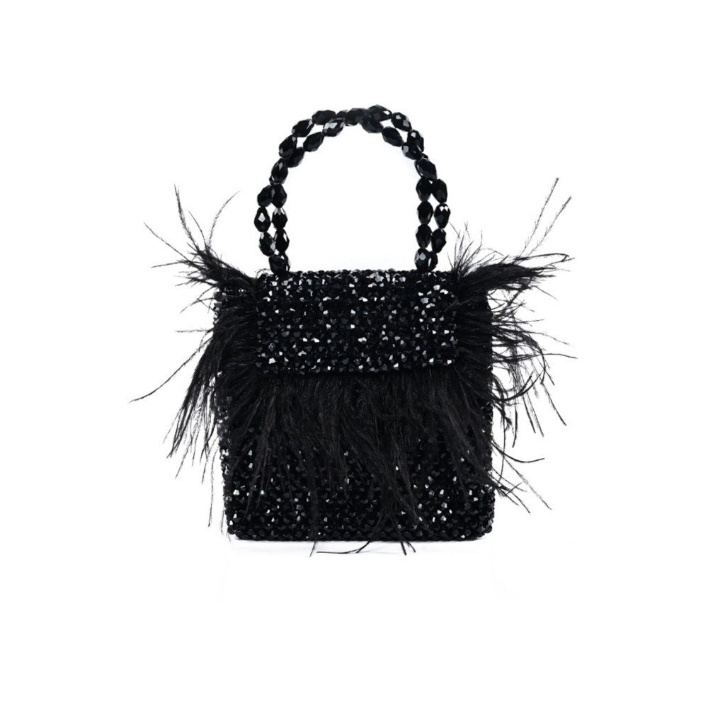 House Of Kosha Natali Black Embellished with Feathers Mini Handbag
