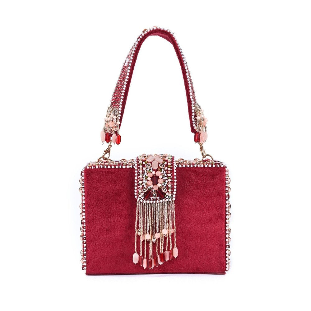 House Of Kosha Sara Maroon Suede Embellished Box Clucth