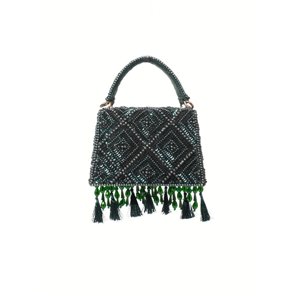 House Of Kosha Elara Green Suede Embellished Clutch with Detachable Sling Chain