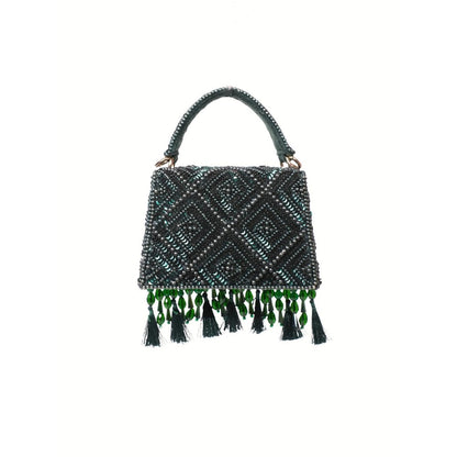 House Of Kosha Elara Green Suede Embellished Clutch with Detachable Sling Chain