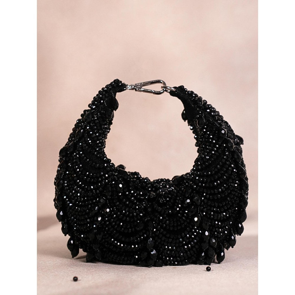 House Of Kosha Emma Black Suede Pearl Embellished Clutch