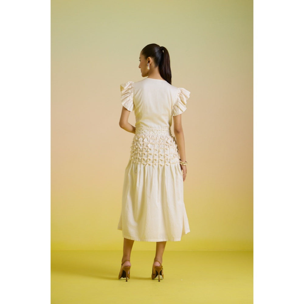 HOUSE OF HEATHER Off White Vanilla Smocked Pearl Midi Dress