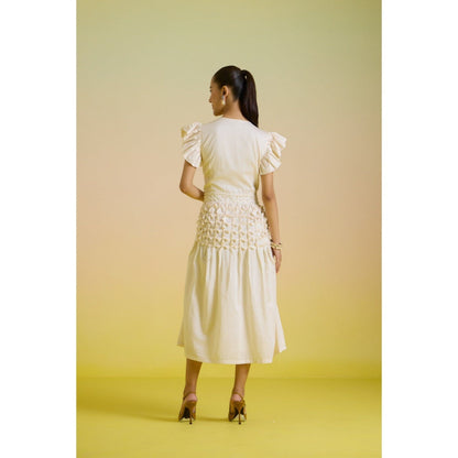 HOUSE OF HEATHER Off White Vanilla Smocked Pearl Midi Dress