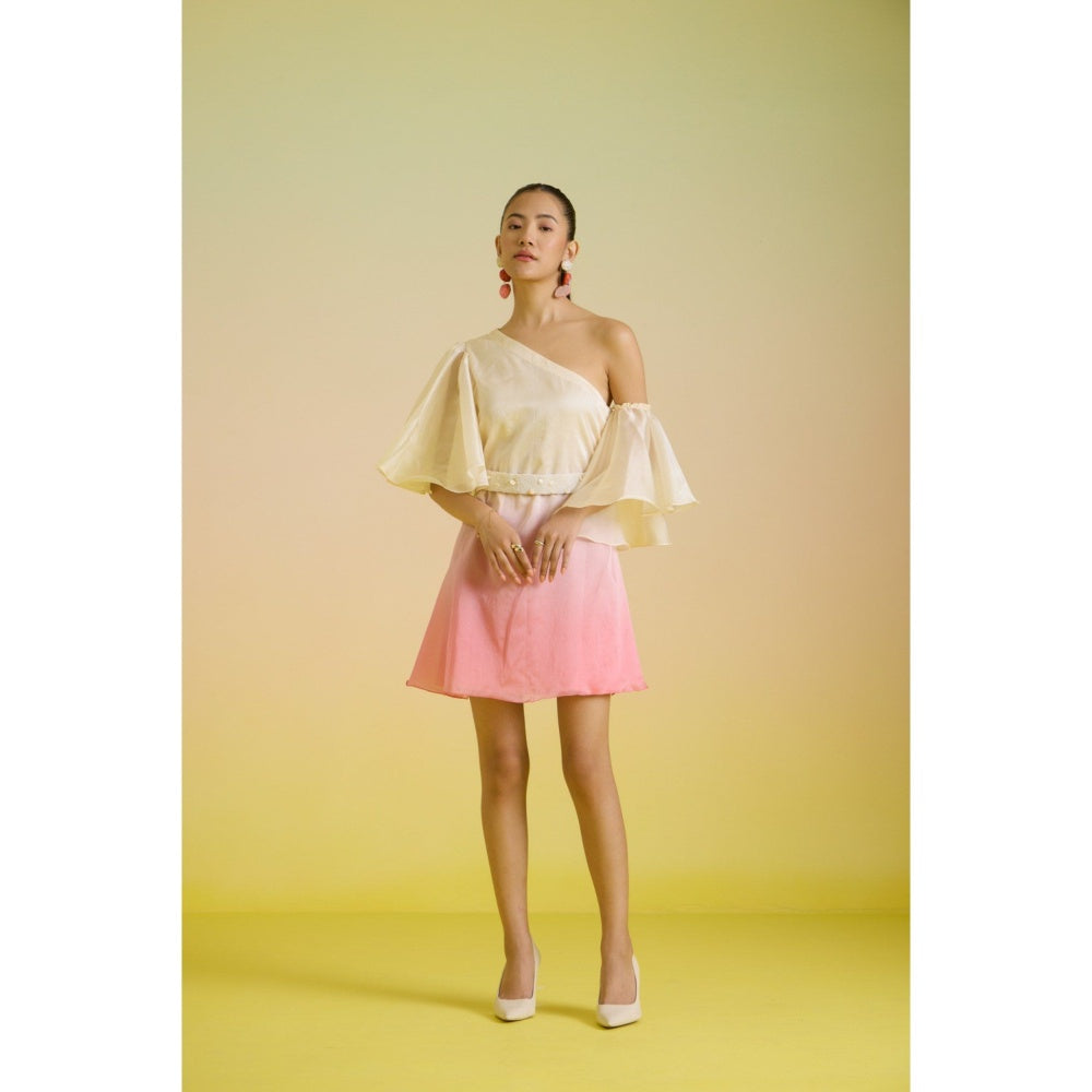 HOUSE OF HEATHER Ivory Gelato Ombre One Shoulder Mini Dress with Belt