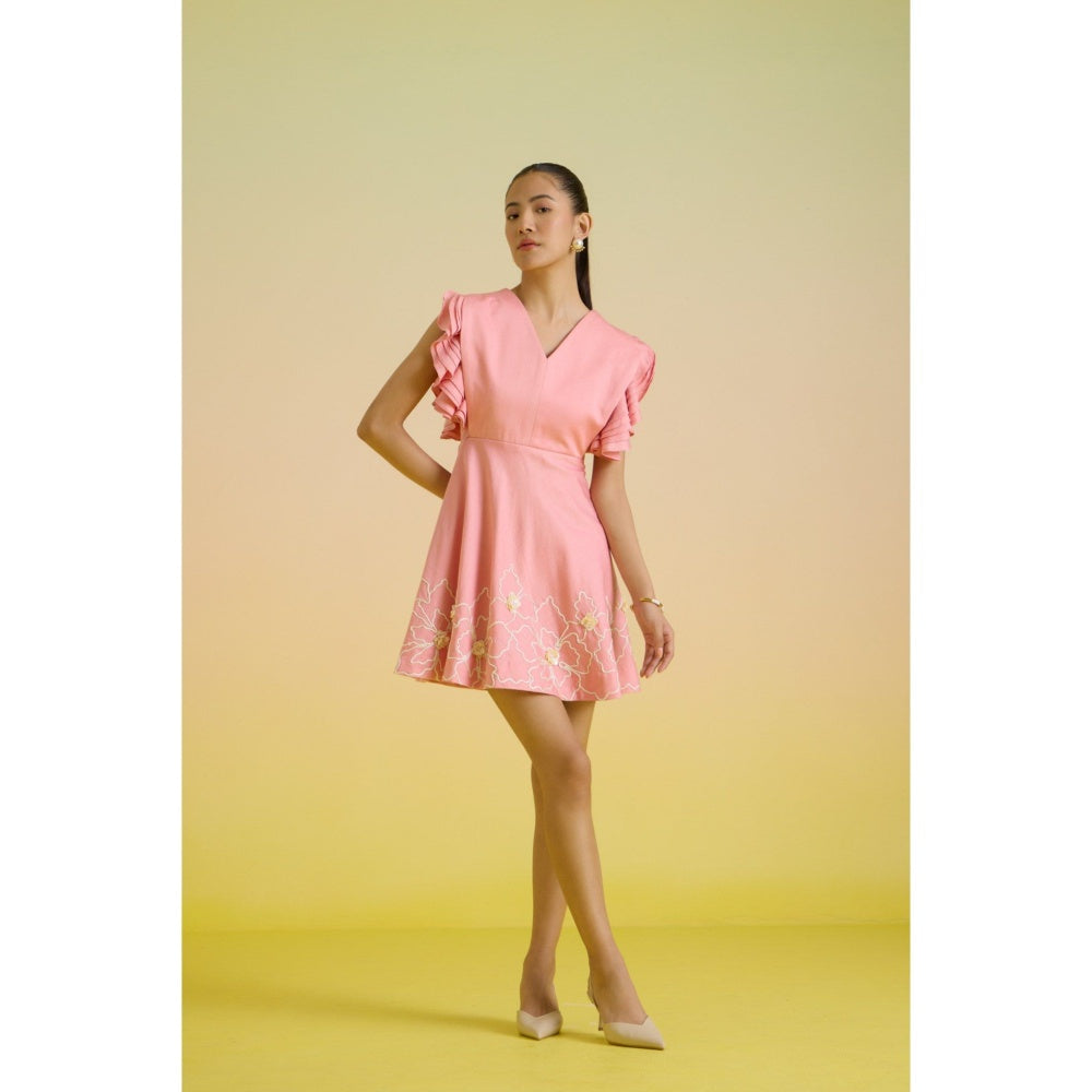 HOUSE OF HEATHER Pink Rose Petal Embroidered Mini Dress