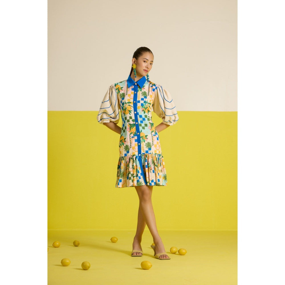 HOUSE OF HEATHER Beige Sorrento Puffed Sleeve Shirt Mini Dress