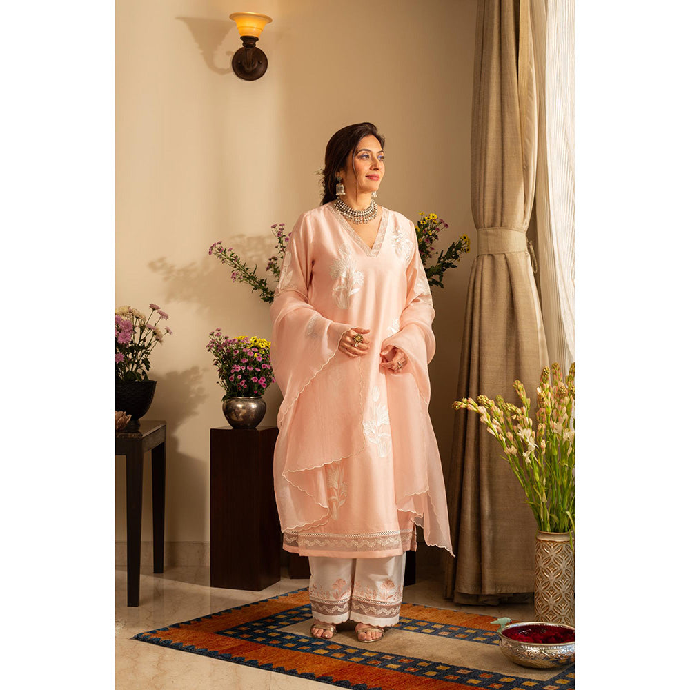 House of Inari Chandni Pastel Peach Kurta with Palazzo and Dupatta