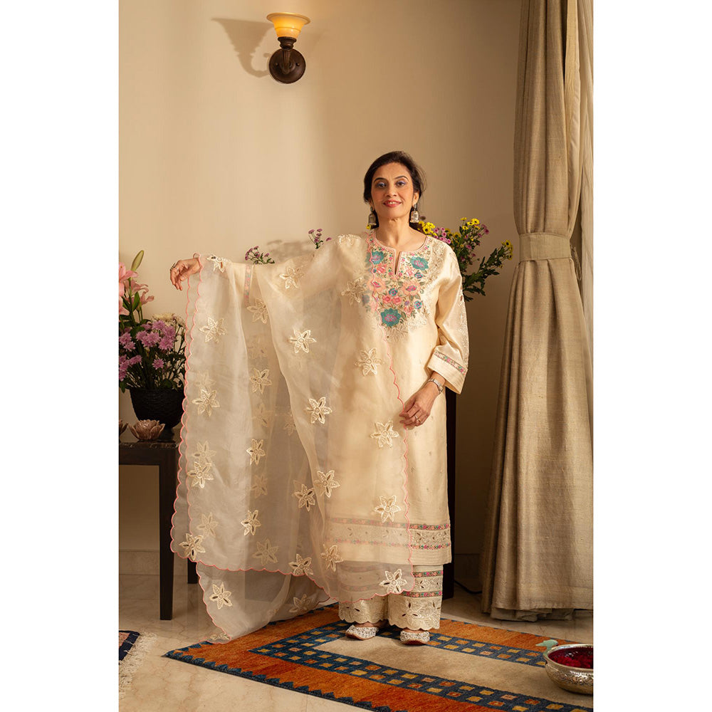 House of Inari Golchin Almond Ivory Embroidered Kurta with Pant and Dupatta