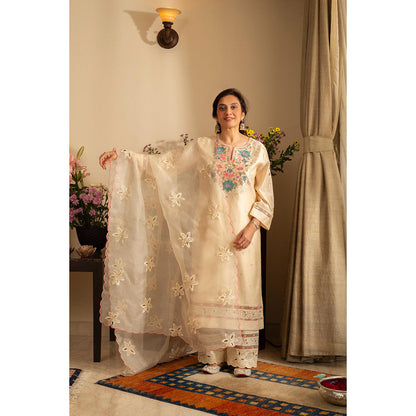 House of Inari Golchin Almond Ivory Embroidered Kurta with Pant and Dupatta
