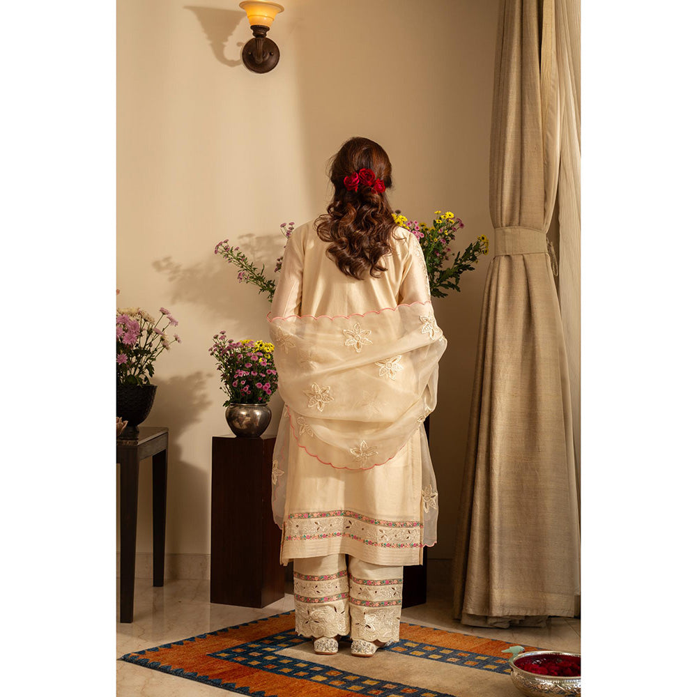 House of Inari Golchin Almond Ivory Embroidered Kurta with Pant and Dupatta