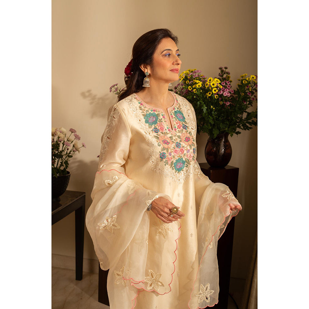 House of Inari Golchin Almond Ivory Embroidered Kurta with Pant and Dupatta